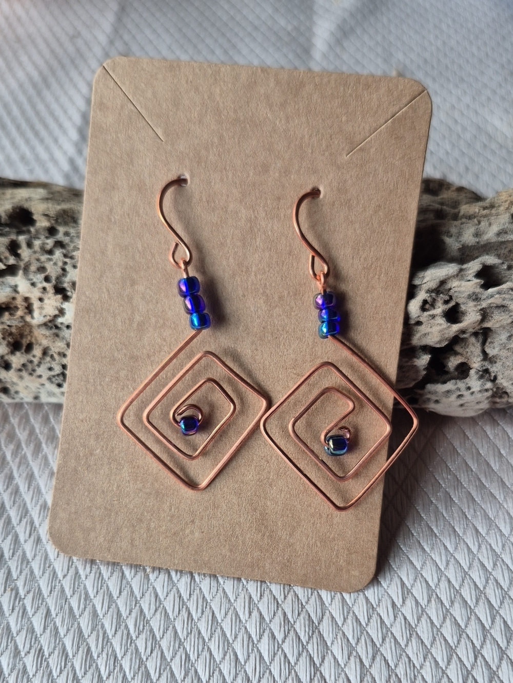 Copper Spiral Square Earrings with Iridescent Blue Beads